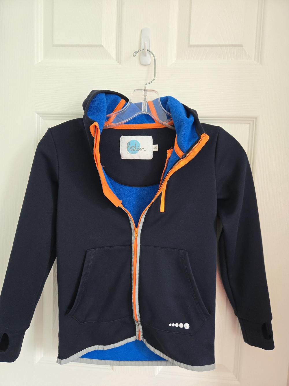 Boden Kids Navy Lightweight Hooded Jacket with Bright Blue Lining, Orange Trim